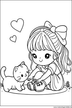 Ausmalbild Mädchen streichelt eine Katze
