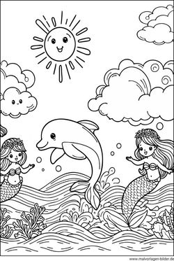 Meerjungfrauen mit Delfinen Ausmalbild für Kinder