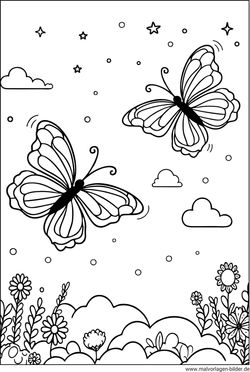 Ausmalbild Schmetterlinge fliegen über Blumen in den Himmel
