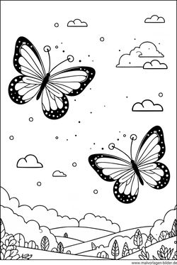 Malvorlage Schmetterlinge fliegen über eine Landschaft. Vorlage zum ausdrucken
